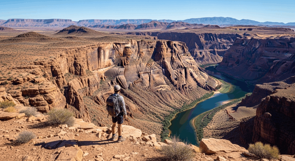 A hiker on a trail at Buckskin Mountain State Park, pausing to take in the breathtaking view of the Colorado River winding through the dramatic canyon below.[31][32][33][34][35]<br>