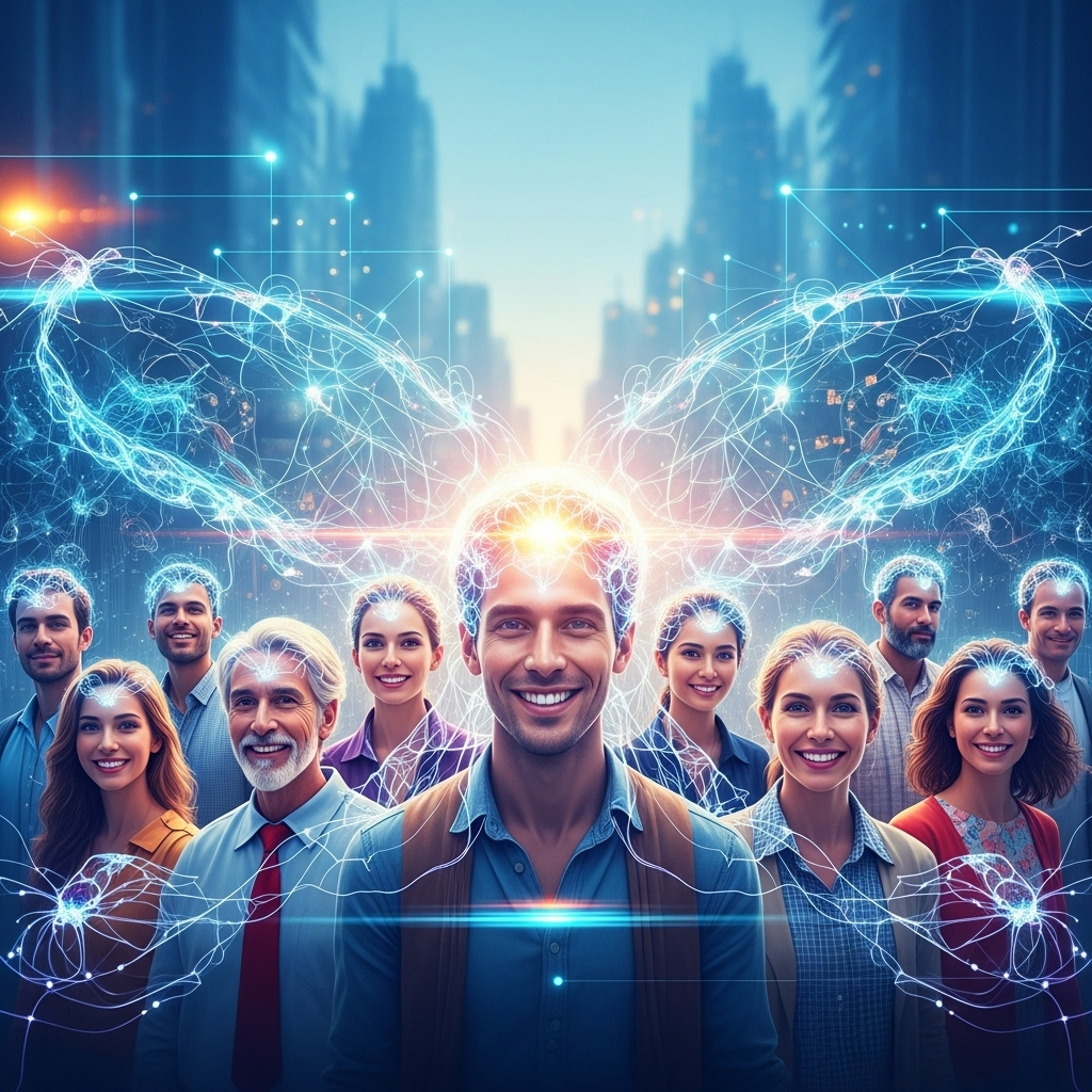 Image 1: The Vision of DeReticularAn abstract, artistic image that visually represents the fusion of technology and humanity. Glowing, interconnected neural network patterns overlay a diverse group of smiling people from different backgrounds, symbolizing a community-oriented, technologically advanced future