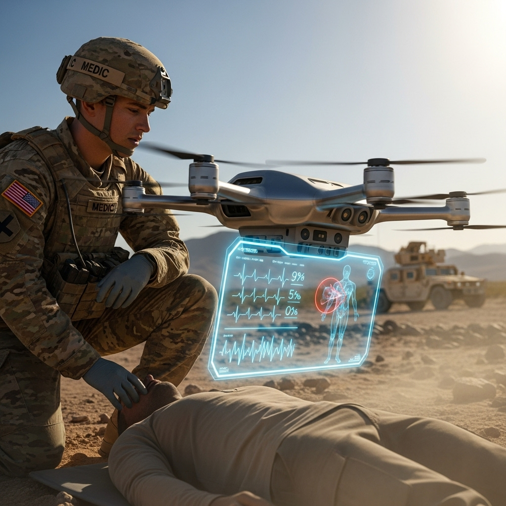 Image 4: AI in HealthcareA U.S. military medic in a desert environment is shown working alongside a futuristic medical drone. The drone hovers nearby, projecting a holographic display with the patient's vital signs, illustrating the dual-use application of the AI healthcare system.