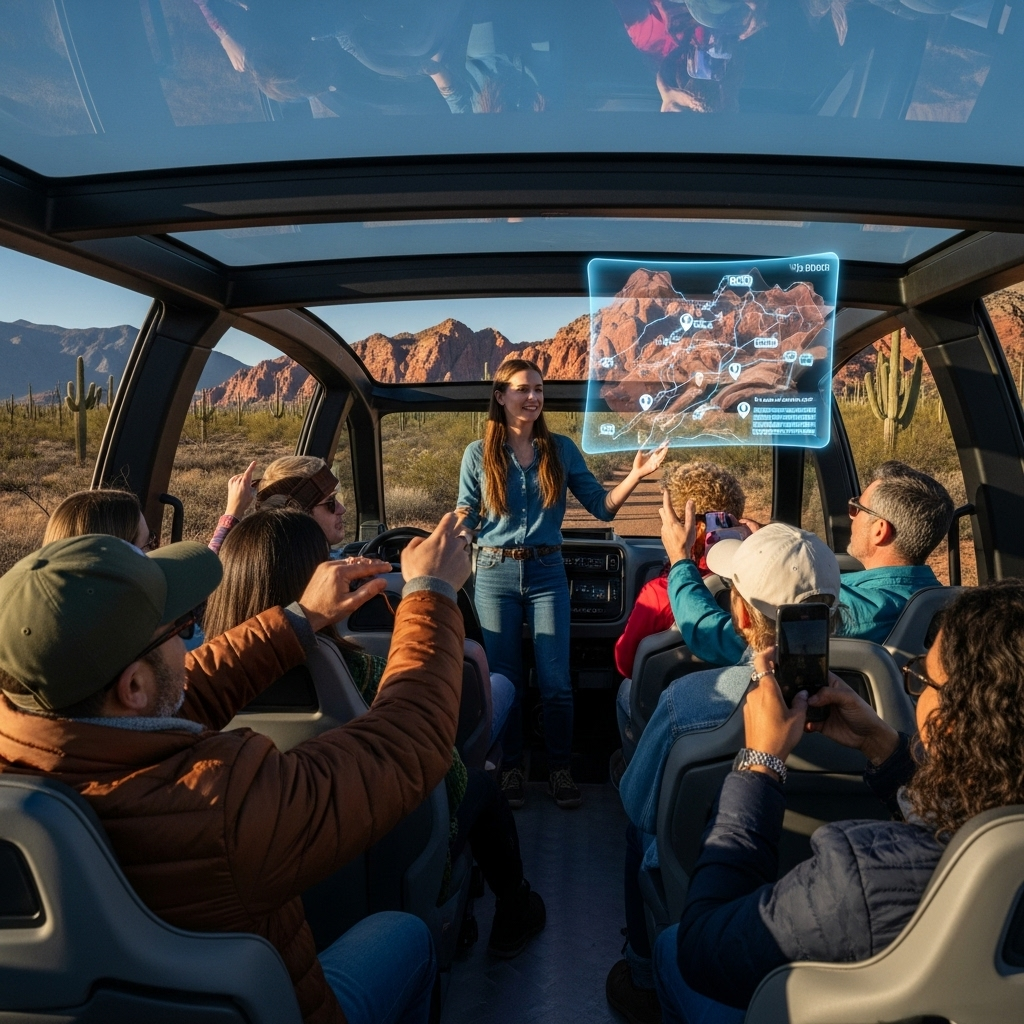 A group of tourists in an open-sided, futuristic electric vehicle enjoy a guided tour of the stunning Arizona desert. The vehicle is designed to offer panoramic views, and the guide is using a holographic map to point out interesting geological formations.