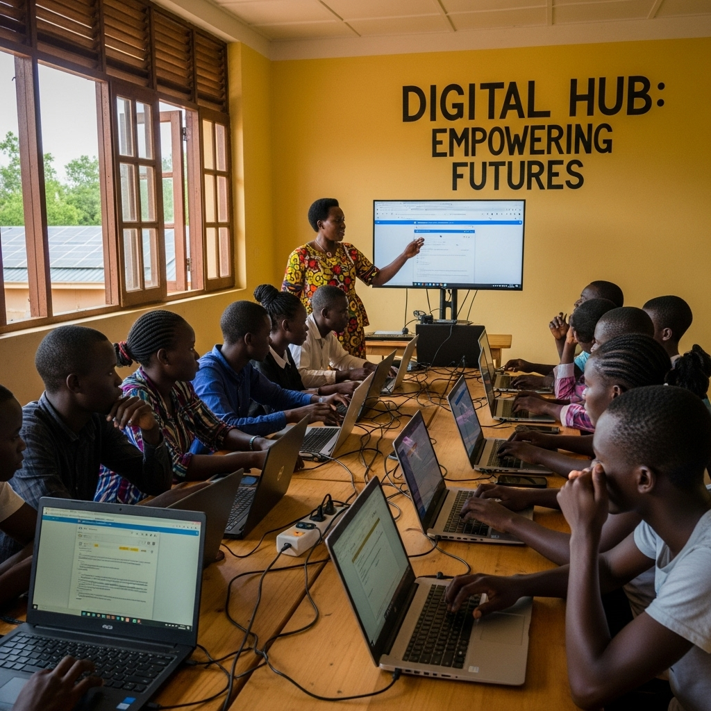 Image 9: Empowering Ugandan CommunitiesInside the Digital Hub, a Ugandan instructor is teaching a class of enthusiastic students how to use laptops and other digital tools. The room is bright and filled with natural light, and the students are actively engaged in their learning.