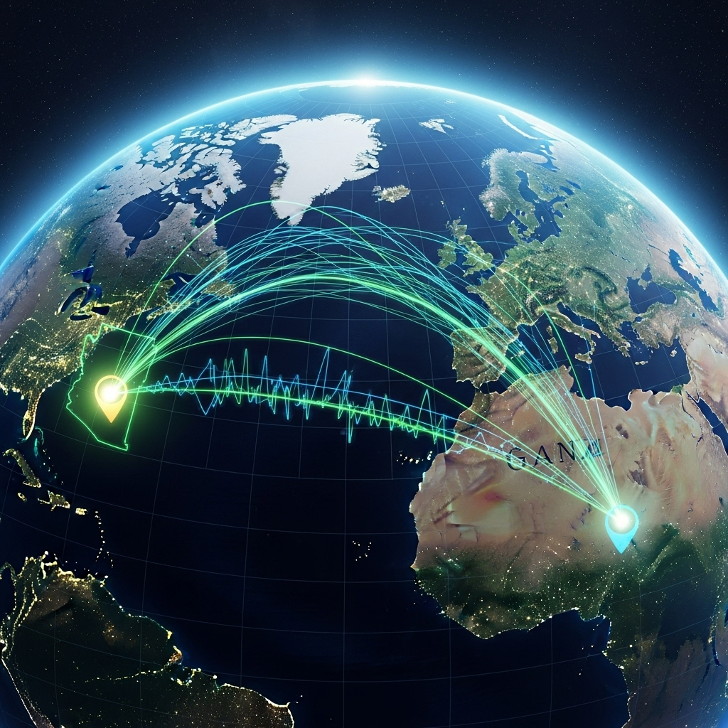 Image 11: A World Connected by InnovationA stylized image of the globe with two bright, glowing points—one in Arizona and one in Uganda. A luminous, high-tech line connects the two points, representing DeReticular's global impact and the interconnectedness of its projects.