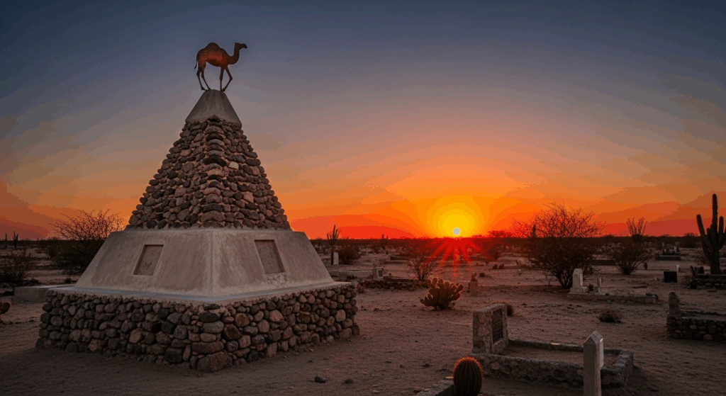 The unique pyramid-shaped Hi Jolly Tomb in the Quartzsite Cemetery, topped with its iconic copper camel silhouette against a desert sunset.[6][7][8][9][10]<br>