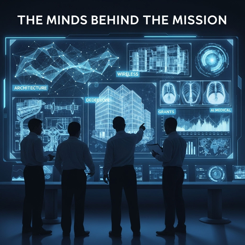 Image 6: The Minds Behind the MissionA symbolic image depicting the DeReticular team. Four silhouetted figures stand looking at a large, interactive screen displaying complex data, architectural blueprints, and medical information. The words "Architecture," "Wireless," "Grants," and "AI Medical" are subtly integrated into the design.