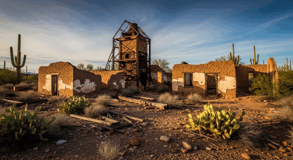 The haunting and picturesque ruins of the Swansea ghost town, with the remnants of the old smelter and adobe buildings under the Arizona sun.[21][22][23][24][25]<br>