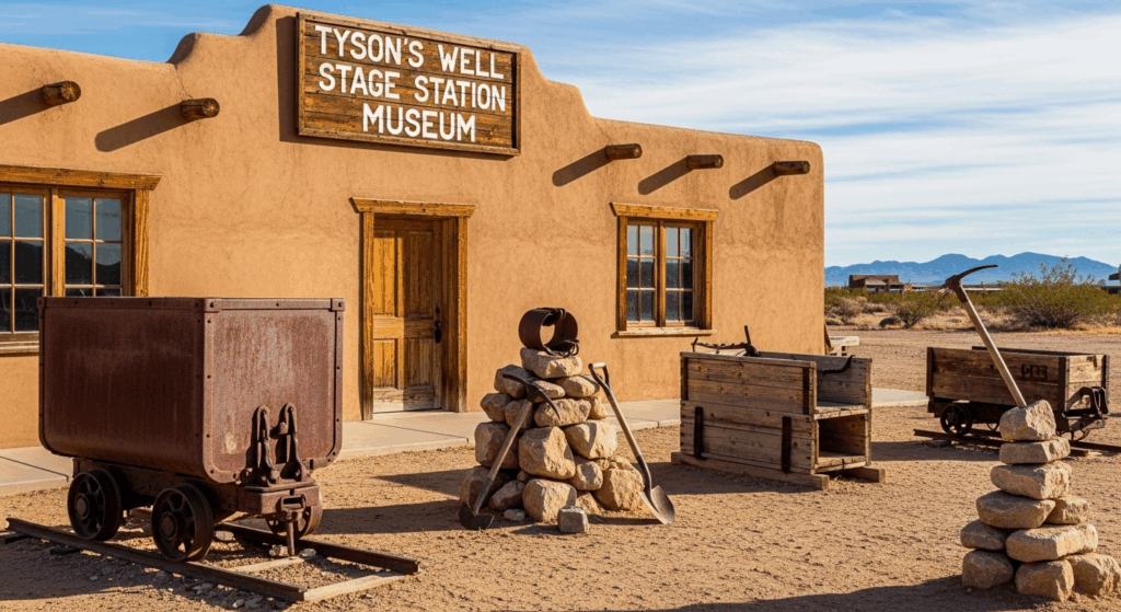 The historic, adobe facade of the Tyson's Well Stage Station Museum in Quartzsite, with antique mining equipment displayed outside.[16][17][18][19][20]<br>