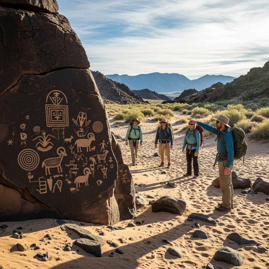 A group of hikers exploring the sandy bottom of Tyson Wash, with one pointing towards ancient petroglyphs carved into the dark desert varnish of a rock face.<br>