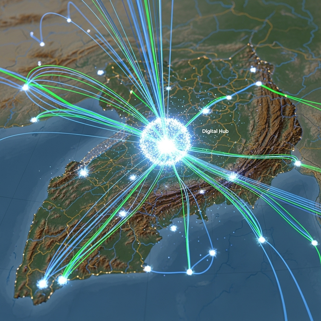 Image 7: Uganda's Digital DawnA powerful image showing glowing fiber-optic cables spreading like roots across a map of Uganda. The lines converge on a central, brightly lit point, symbolizing the new "Digital Hub."