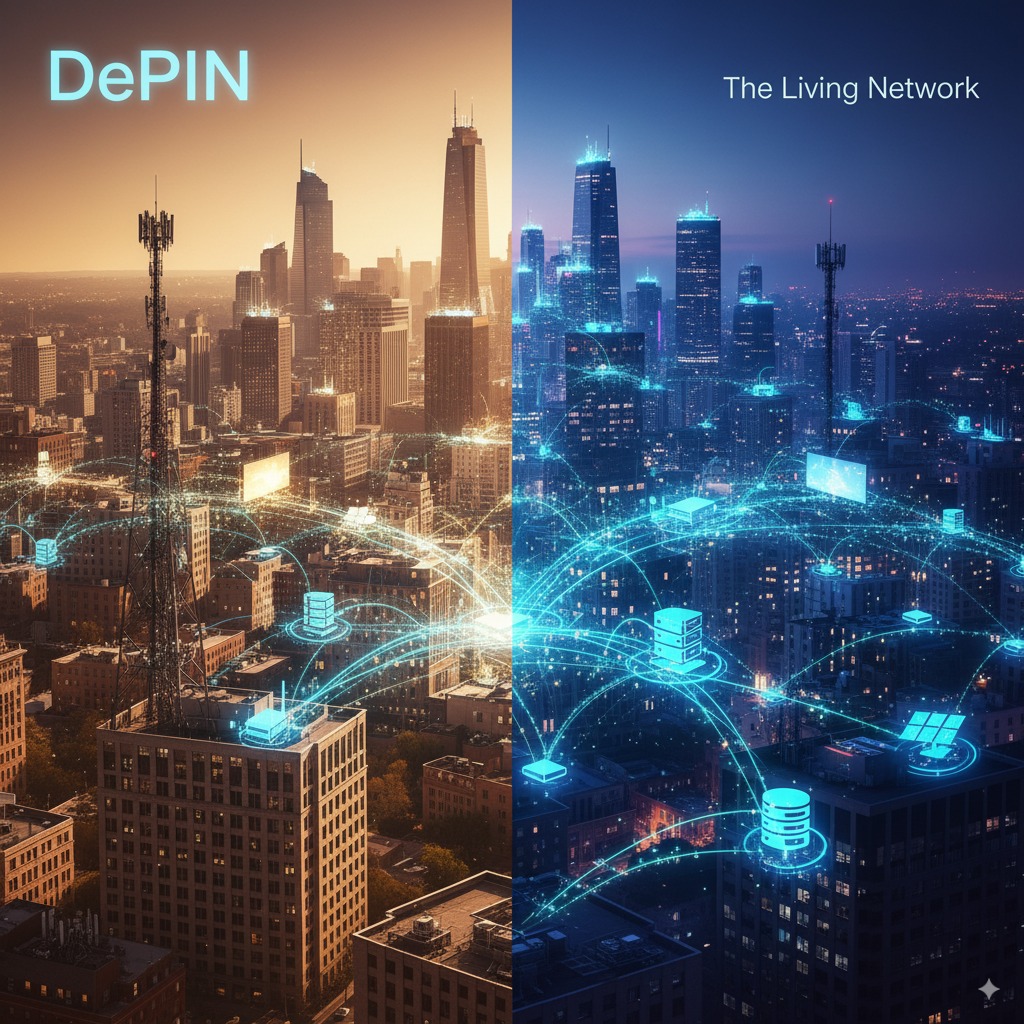 DePIN: The Living NetworkConcept: A day-to-night transition over a city, illustrating how the physical hardware (DePIN) comes alive to form a brilliant digital mesh network.