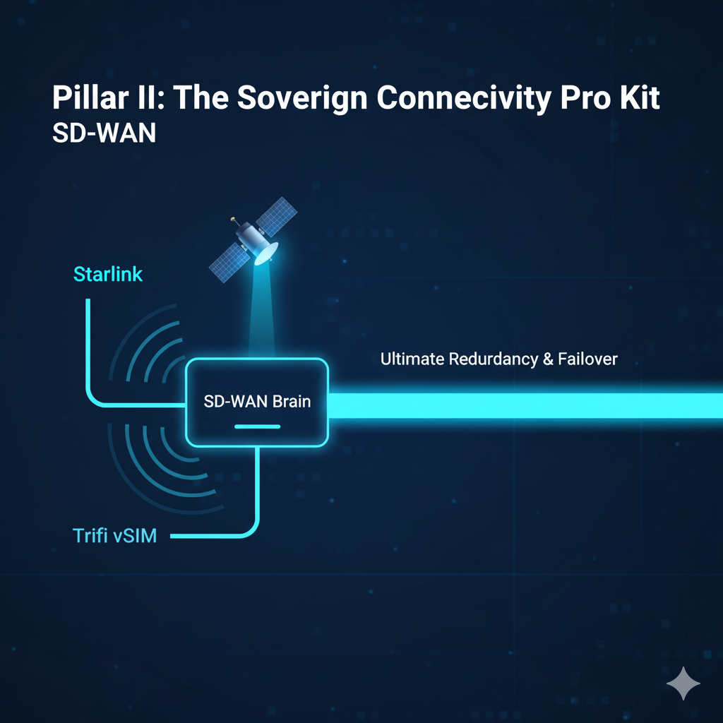 Image 6: Pillar II: The Sovereign Connectivity Pro Kit (SD-WAN) Concept: Illustrating the powerful redundancy of integrating Starlink and cellular via SD-WAN. Description: A split graphic with two distinct, high-throughput pipelines merging into a single control box labeled "SD-WAN Brain." Pipe A (Top): A stylized LEO satellite (Starlink) beam descending into the box. Pipe B (Bottom): Multiple cellular waves (Trifi vSIM) feeding into the same box. The outgoing connection is a thick, stable, unbreakable line of data flow, representing true load-balancing and failover.