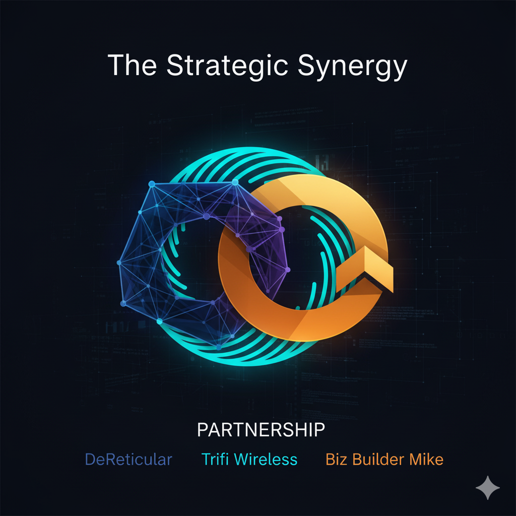 Image 4: The Strategic Synergy (Partnership) Concept: A professional, symbolic representation of the partnership driving RIOS-Mobile. Description: Three distinct geometric shapes (representing DeReticular, Trifi Wireless, and Biz Builder Mike) seamlessly interlocking to form a single, cohesive structure. The background is dark, and the combined structure glows with a unified, sophisticated light, emphasizing collaboration and shared vision on a complex blueprint grid.