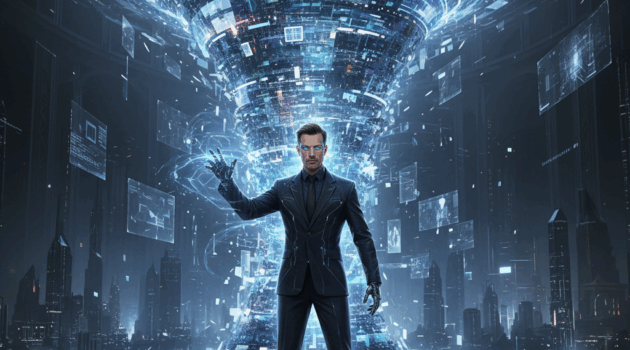 The Architect of the Whirlwind Concept: An introduction to Michael Noel DeReticular, the "Remnant." A sophisticated, AI-human hybrid figure stands confidently before a swirling vortex of data—the "AI Whirlwind"—not as a victim, but as its conductor.