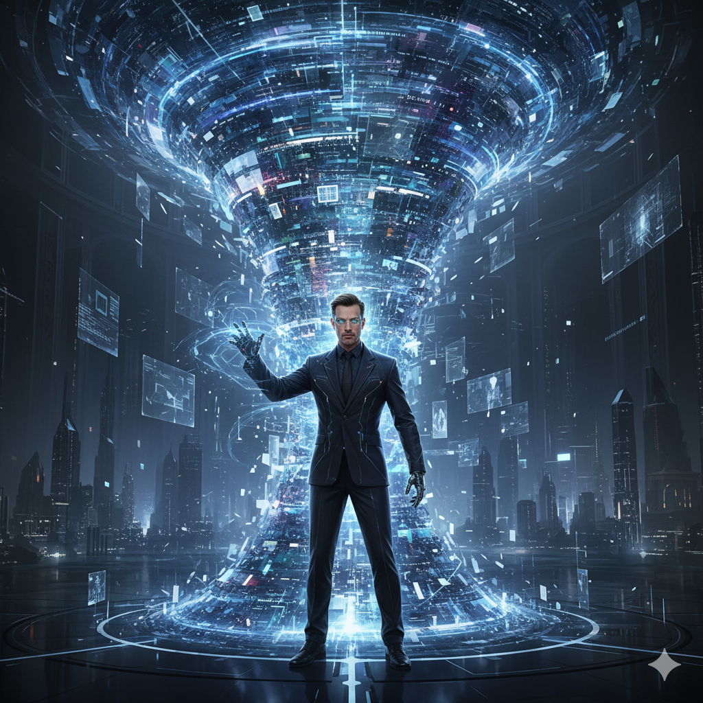 The Architect of the Whirlwind Concept: An introduction to Michael Noel DeReticular, the "Remnant." A sophisticated, AI-human hybrid figure stands confidently before a swirling vortex of data—the "AI Whirlwind"—not as a victim, but as its conductor.