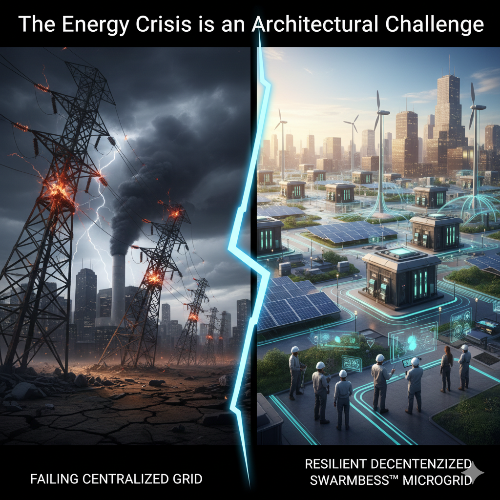 The Energy Crisis is an Architectural Challenge
Concept: A stark contrast between the brittle, failing centralized power grid and the resilient, intelligent, decentralized network of DeReticular's SwarmBESS™ microgrids.
Image: