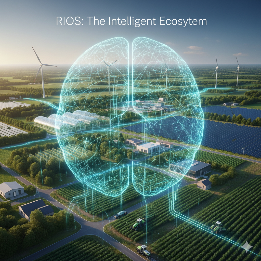 RIOS: The Intelligent Ecosystem
Concept: The Rural Infrastructure Operating System (RIOS) depicted as the luminous, neural network-like brain overlaying and managing a modern rural landscape, connecting all core components.